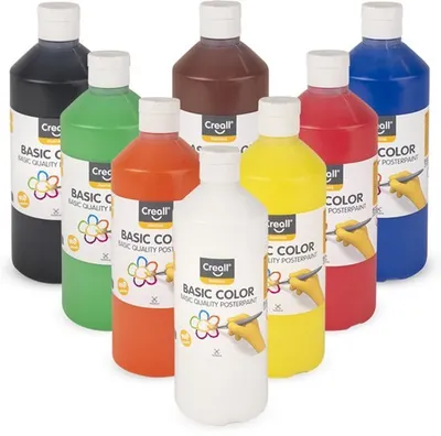 Creall Plakkaatverf Set - Schoolverf op Waterbasis - 8 Flessen x 500ml - Mix set met 8 Basiskleuren - Veilig & Uitwasbaar - Geproduceerd in Nederland - professionele kwaliteit - glutenvrij