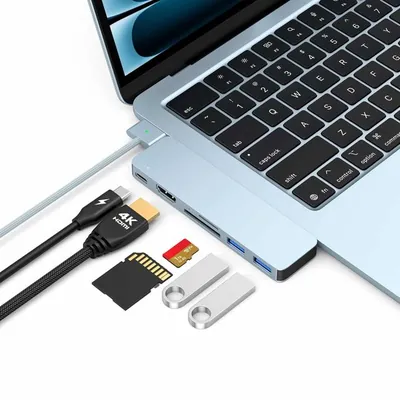 M-TECK MacBook Air/Pro USB-C - Dock - HUB - Splitter - 1 x HDMI 4K60Hz - 1 x Thunderbolt - 2 x USB3.0 - SD/MicroSD kaartlezer - M1/M2/M3/M4- Kleur: Sky Blue