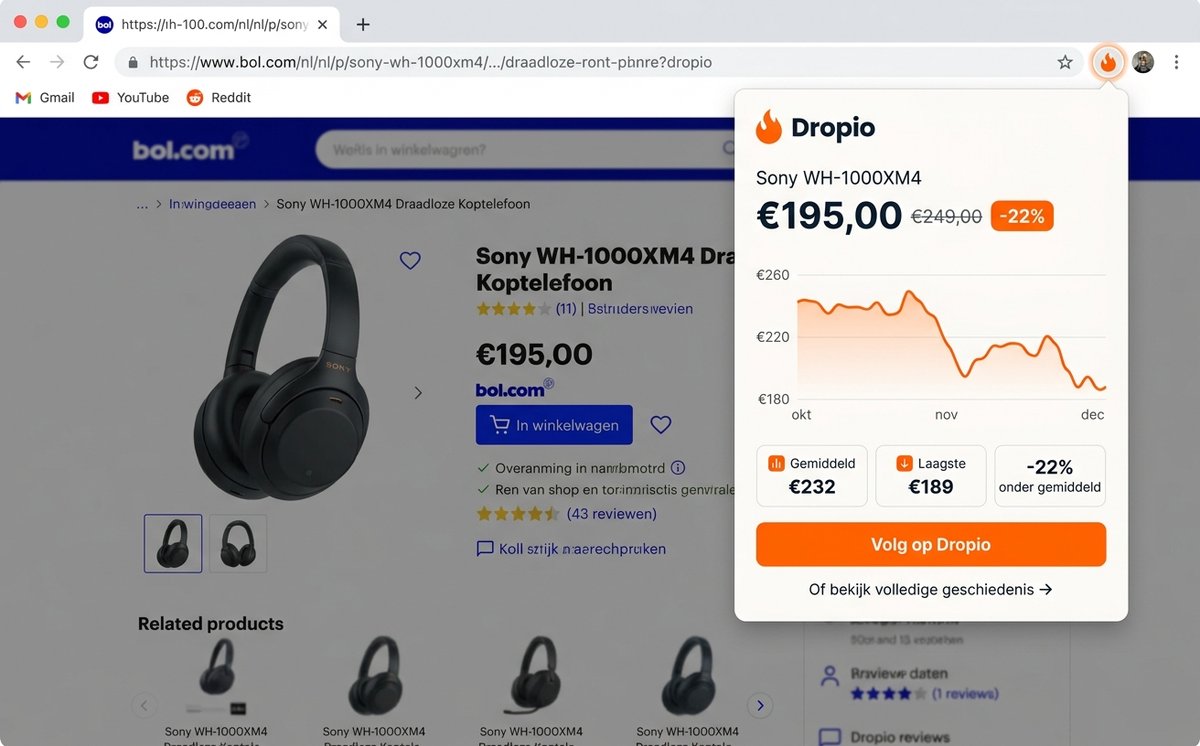 Mockup van de Dropio browser-extensie op een Bol.com productpagina met prijsgeschiedenis